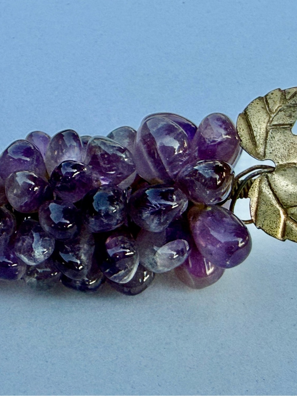 Vintage MCM Polished Purple Amethyst Gemstone Grape Cluster Metal Stem Gold Leaf